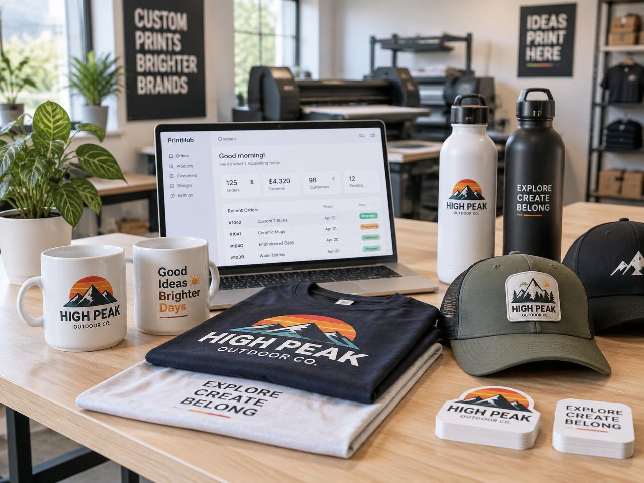 Canecas, camisetas, bonés e garrafas personalizados sobre a mesa com o sistema aberto no notebook
