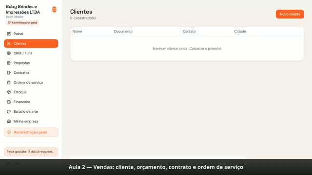 Prévia da aula 2: Aula 2 — Vender: cliente, orçamento, contrato e ordem